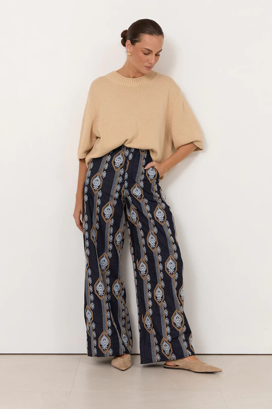 Adorne Avalon Lightweight Denim Embroidered Pant
