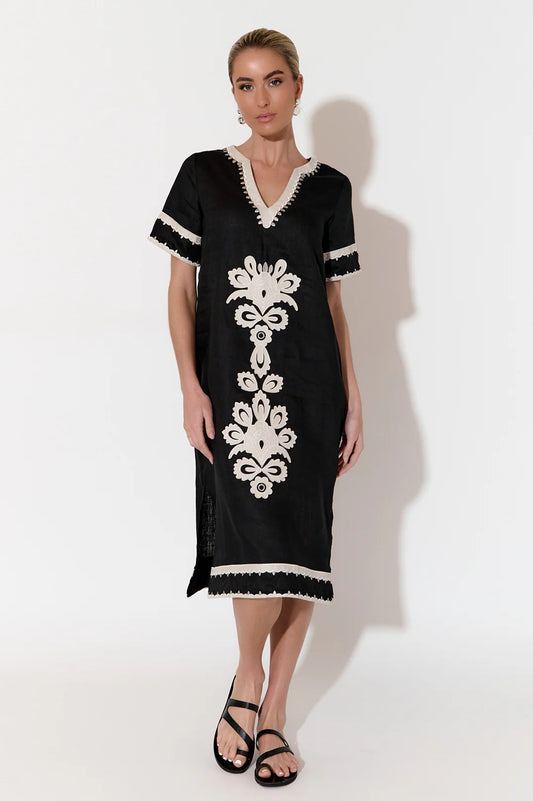 Archer Applique Linen Dress (Black)