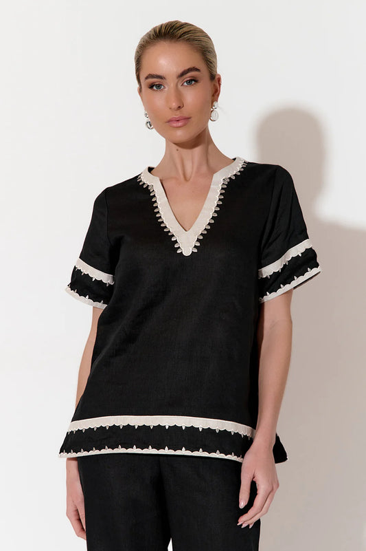 Adorne Archer Applique Linen Top (Black)