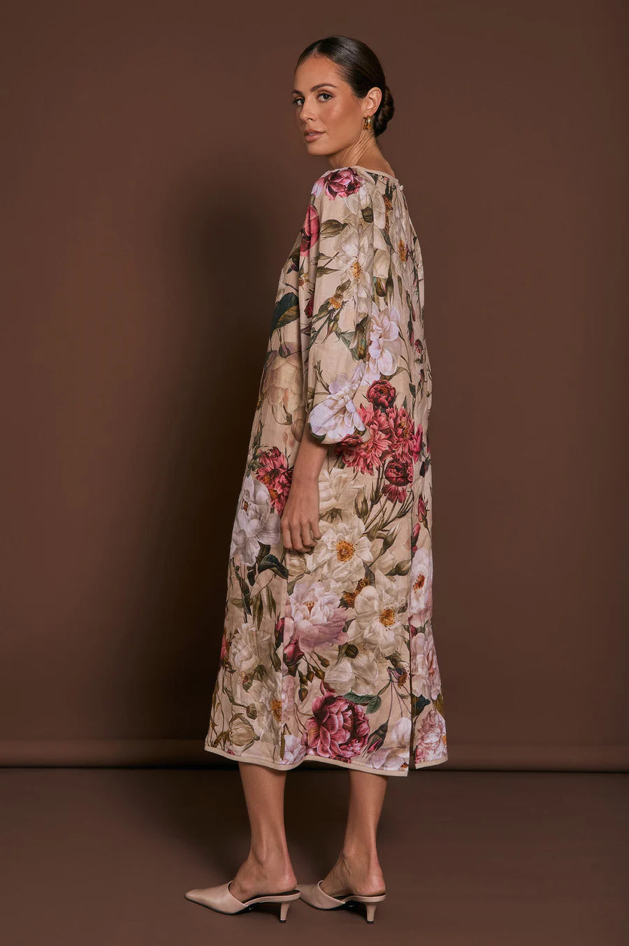 Adorne Marion Linen Floral Midi Dress (Floral)