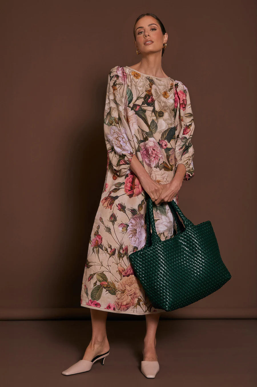 Adorne Marion Linen Floral Midi Dress (Floral)