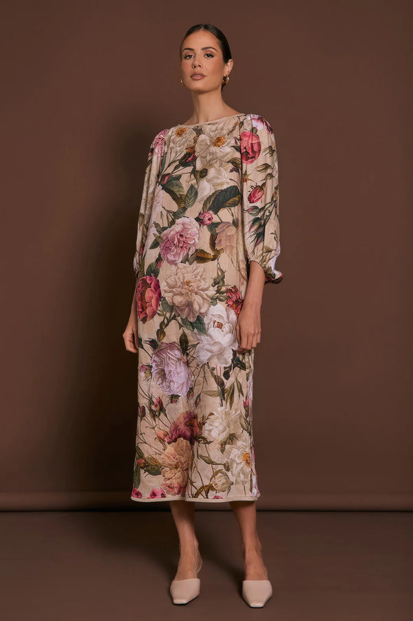 Adorne Marion Linen Floral Midi Dress (Floral)