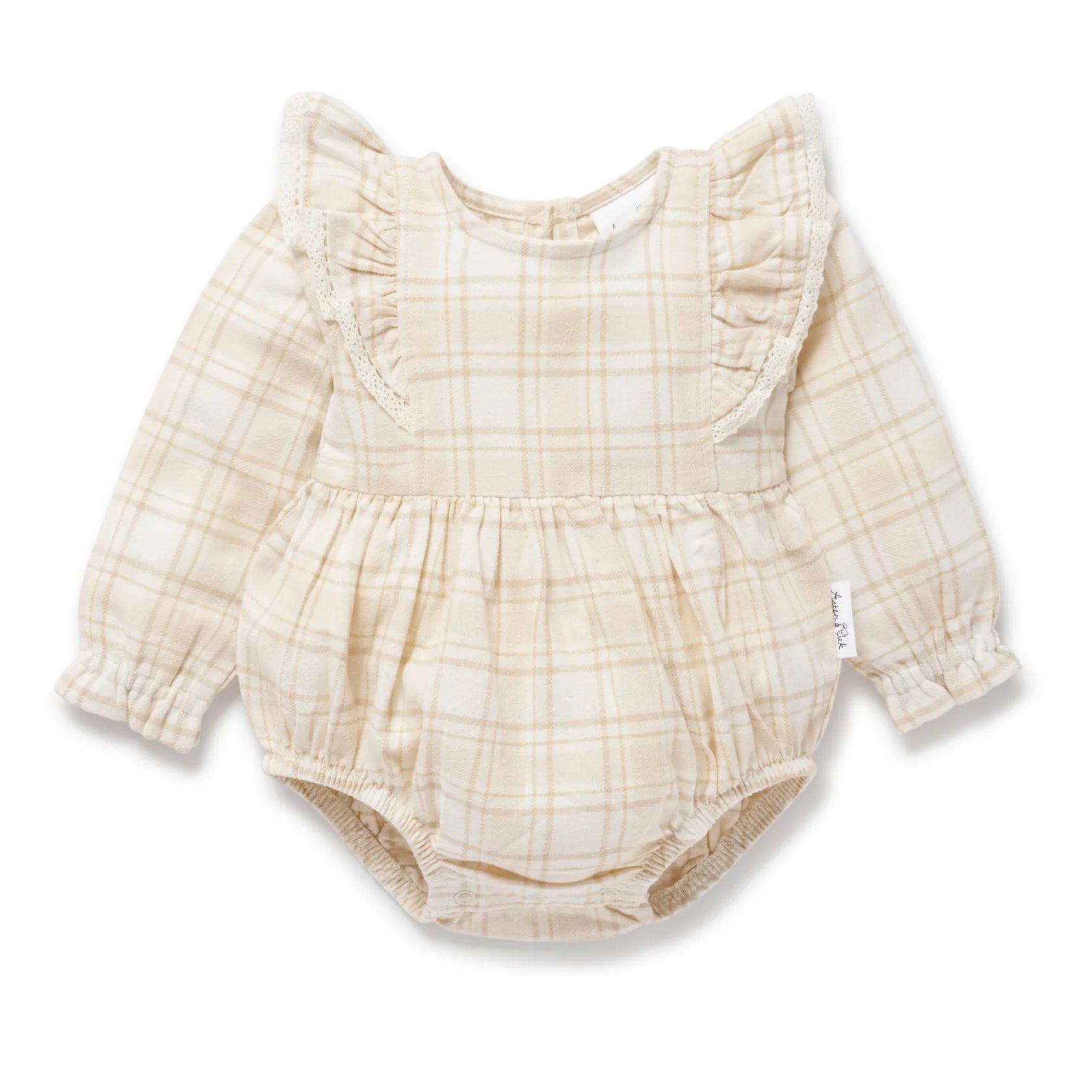 Aster & Oak Beige Plaid Ruffle Flannel Dress