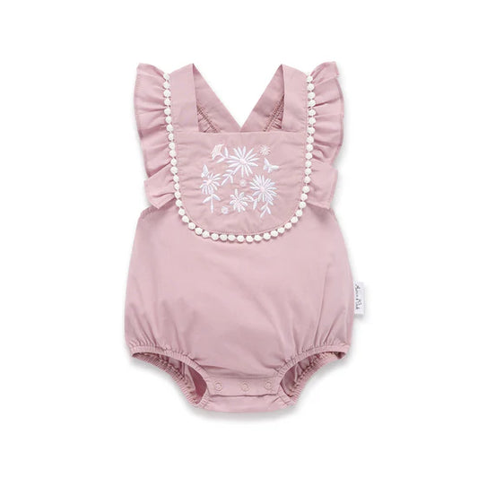 Aster and Oak Orchid Daisy Embroidered Romper