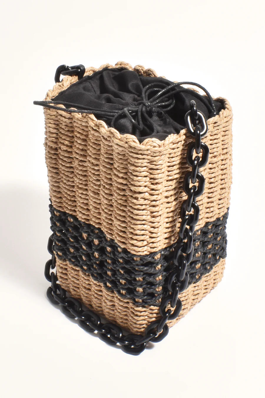 Adorne Melia Woven Bucket Resin Chain Bag (Natural/Black)