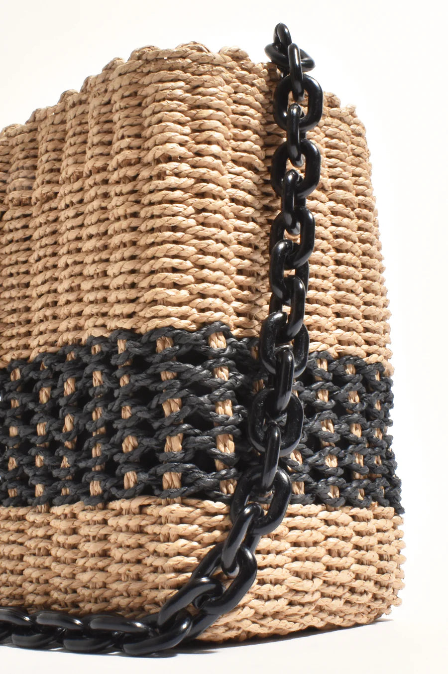 Adorne Melia Woven Bucket Resin Chain Bag (Natural/Black)