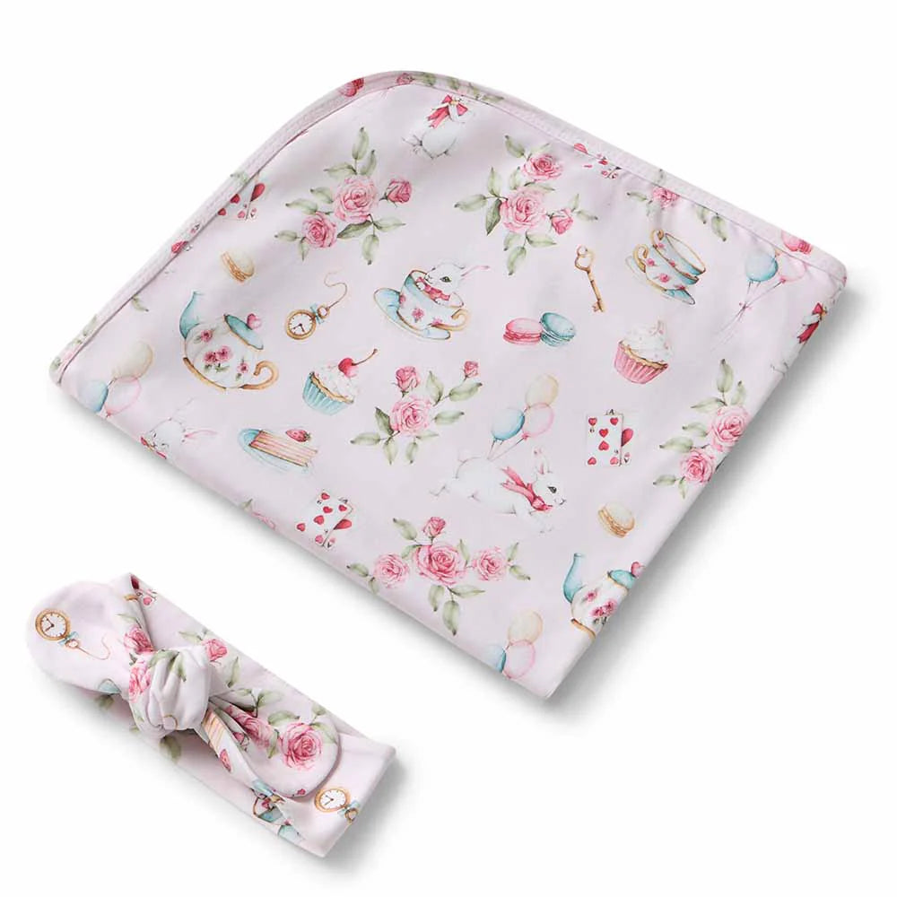 Snuggle Hunny - Alice’s Tea Party Organic Jersey Wrap & Topknot Set
