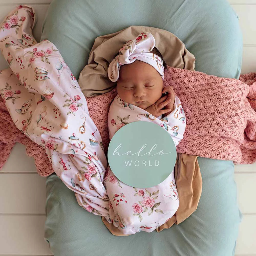 Snuggle Hunny - Alice’s Tea Party Organic Jersey Wrap & Topknot Set