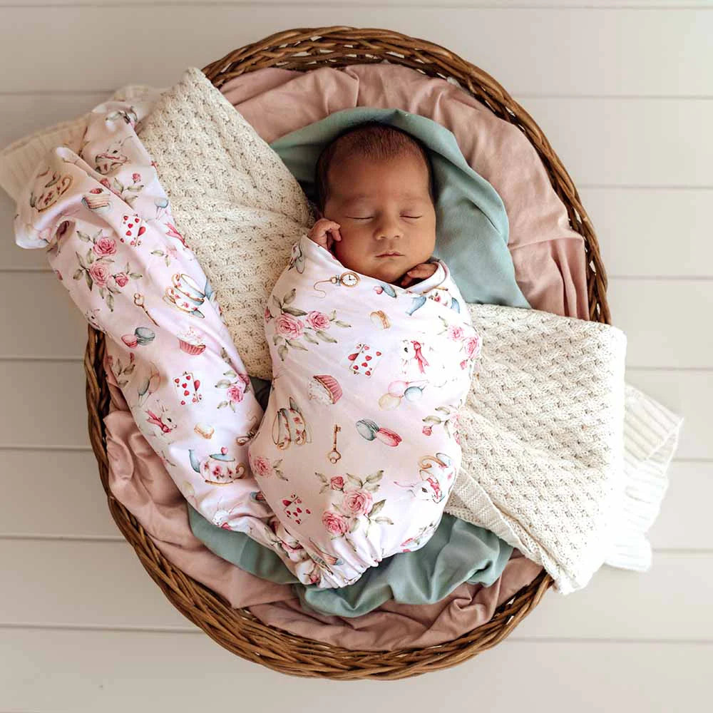Snuggle Hunny - Alice’s Tea Party Organic Jersey Wrap & Topknot Set