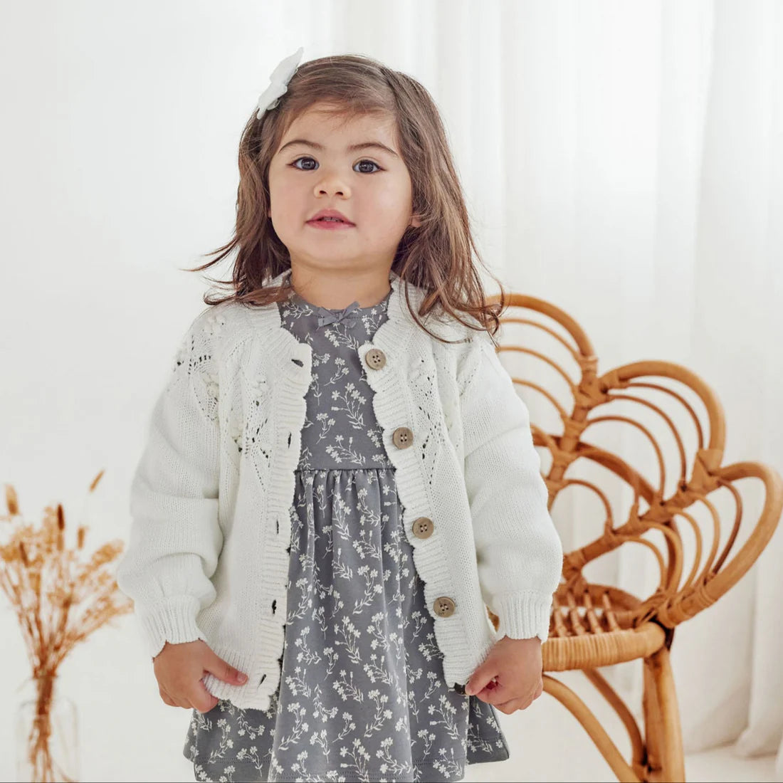 Aster & Oak Ivory White Knit Detailed Cardigan