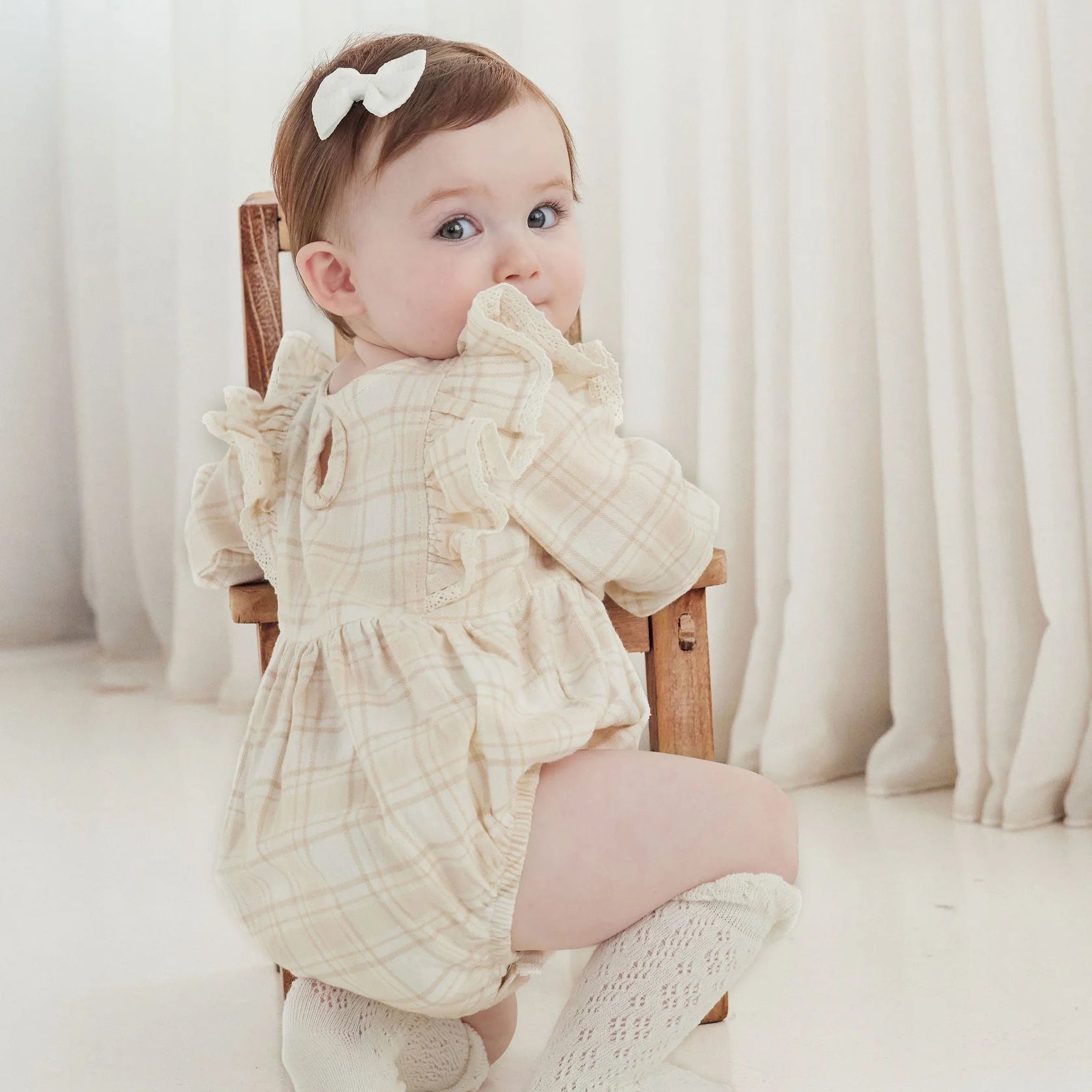 Aster & Oak Beige Plaid Ruffle Flannel Dress
