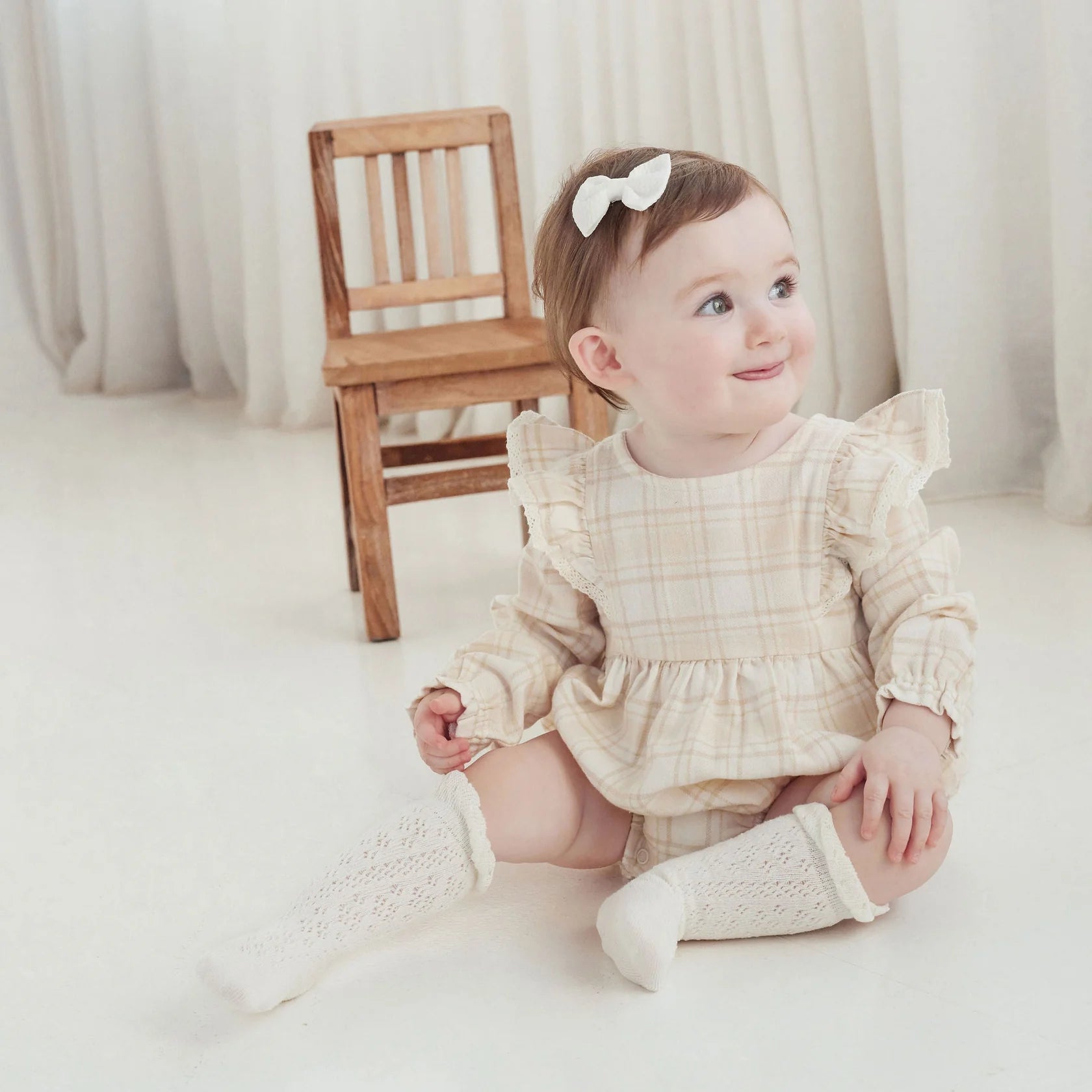 Aster & Oak Beige Plaid Ruffle Flannel Dress