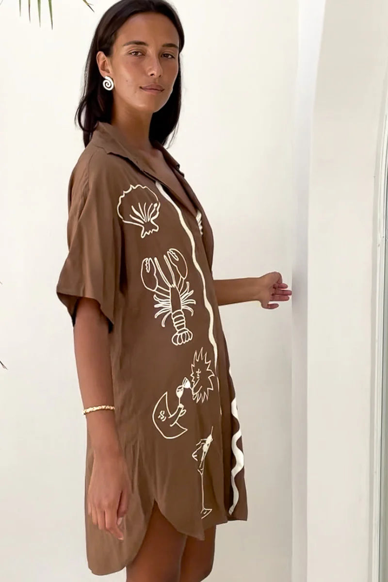 Palm Collective Wine Club Shirt Dress - Brown | Short Sleeve