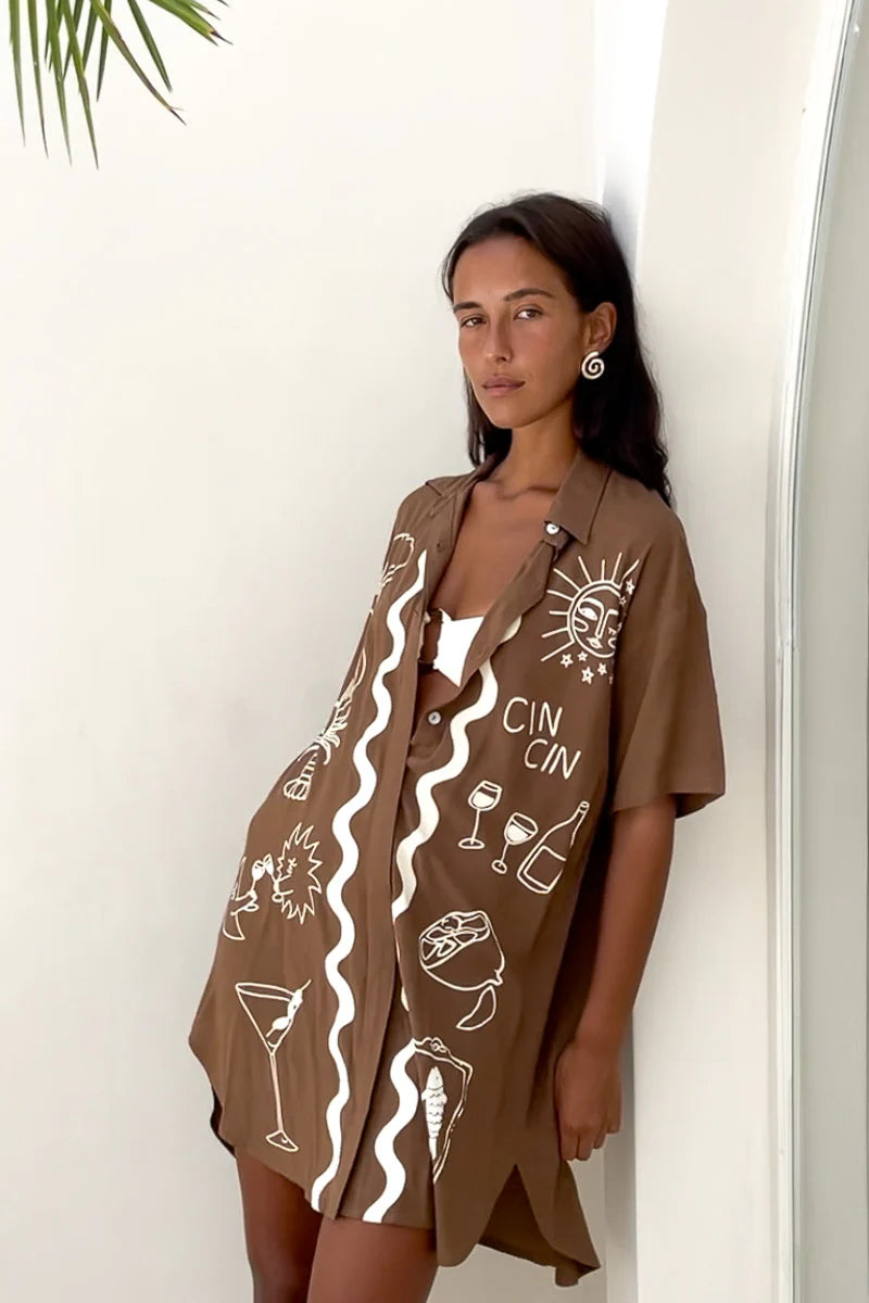 Palm Collective Wine Club Shirt Dress - Brown | Short Sleeve