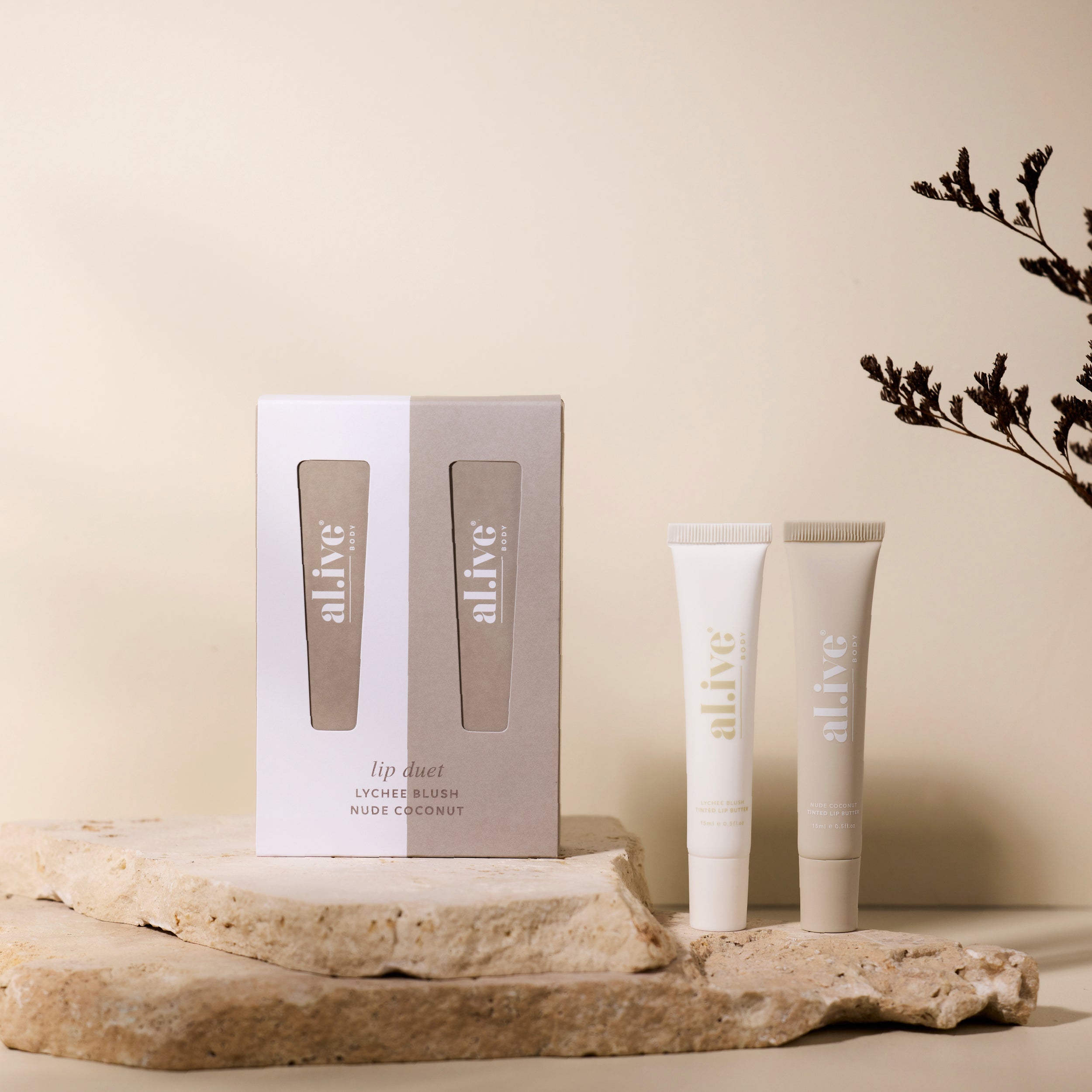 Al.ive Body Lip Duet - Lychee Blush + Nude Coconut
