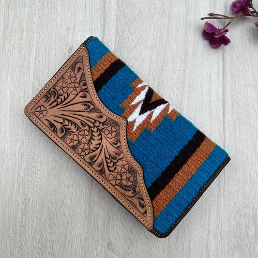 The Design Edge Blue Saddle Blanket Zippered Wallet with Tooled Leather