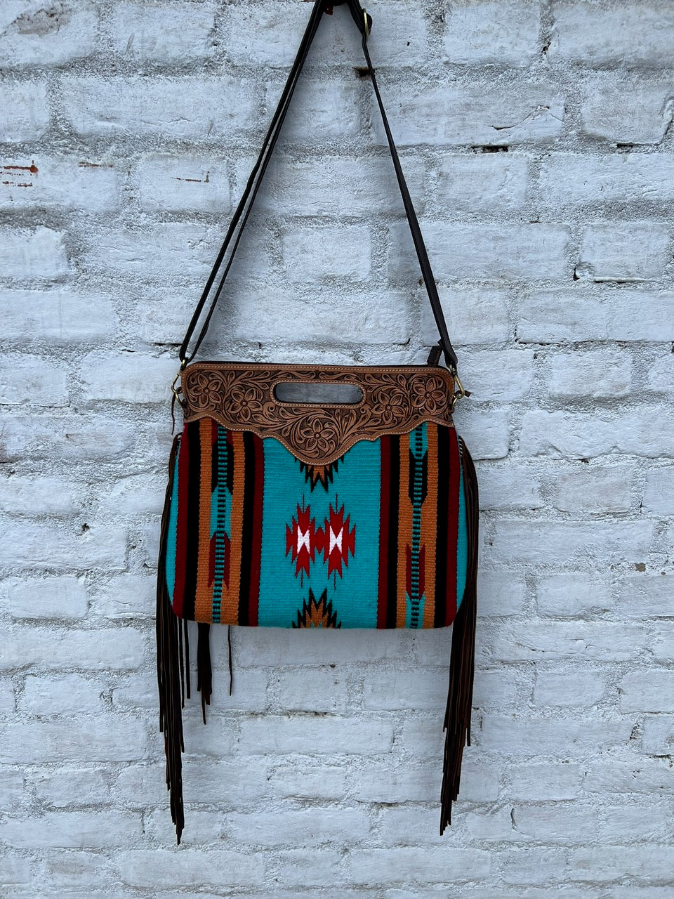 The Design Edge Teal Tooled Saddle Blanket Large Bag with Tooled Leather