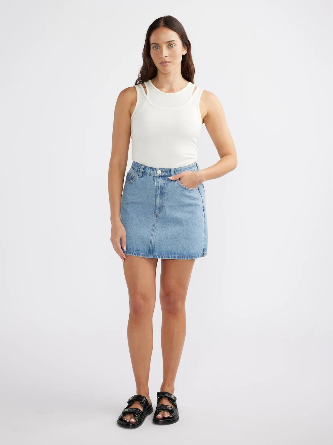 Ena Pelly Reese Denim Mini Skirt - Mid Wash Blue