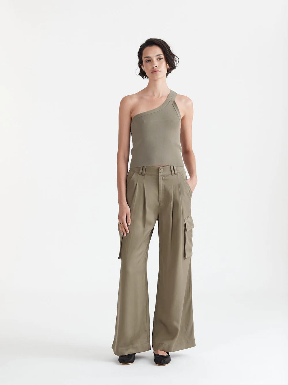 Ena Pelly Brand Logo Evie Luxe Asymmetric Knit Tank Olive