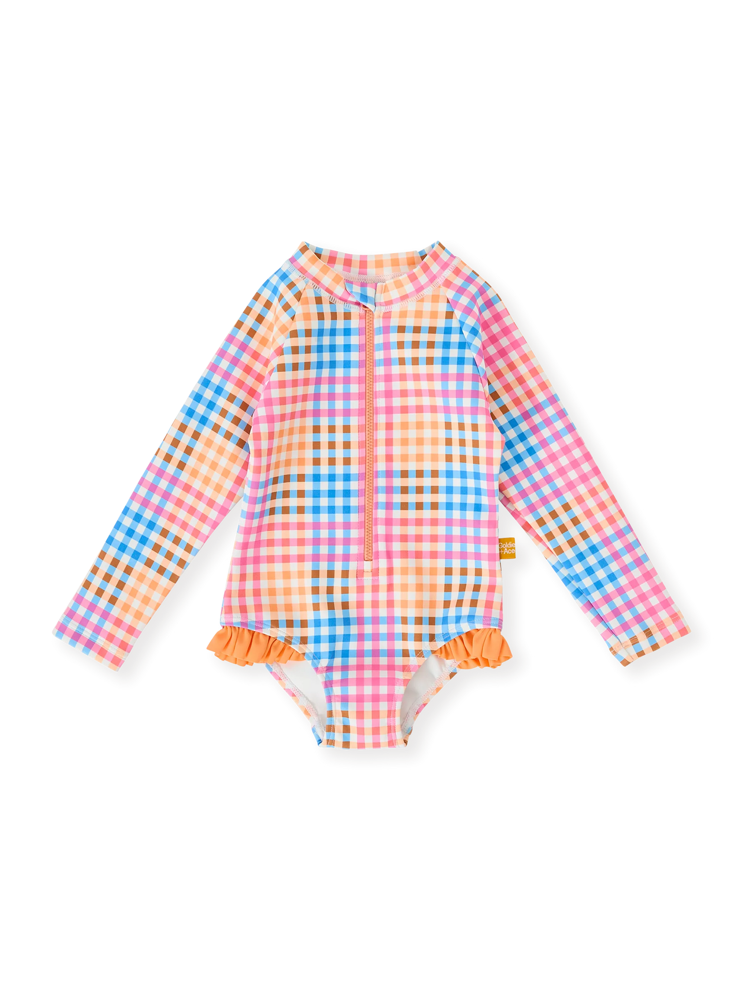 Goldie + Ace Rainbow Gingham Long Sleeve Frill Swimsuit