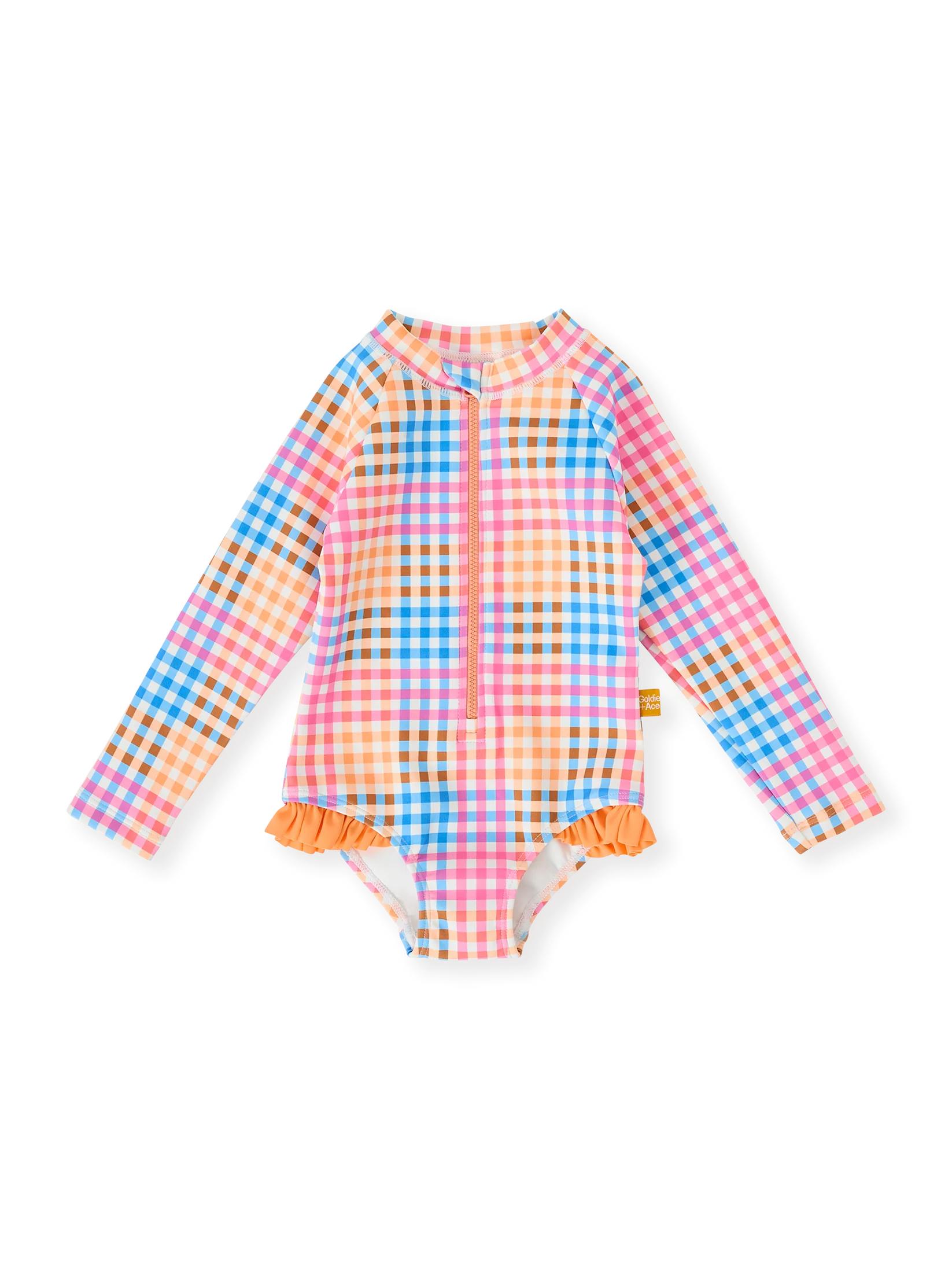 Goldie + Ace Rainbow Gingham Long Sleeve Frill Swimsuit