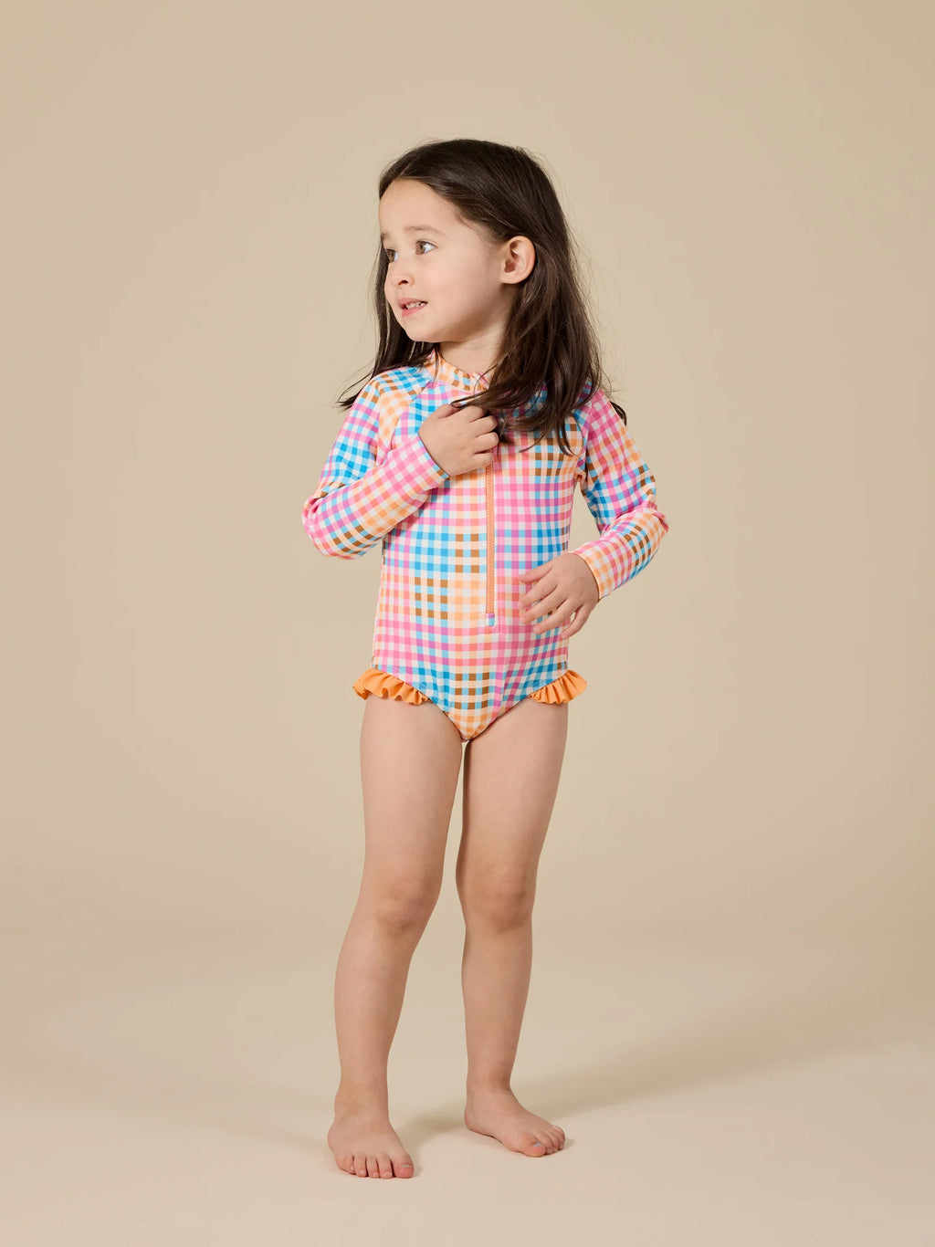 Goldie + Ace Rainbow Gingham Long Sleeve Frill Swimsuit