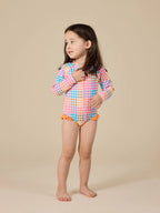 Goldie + Ace Rainbow Gingham Long Sleeve Frill Swimsuit