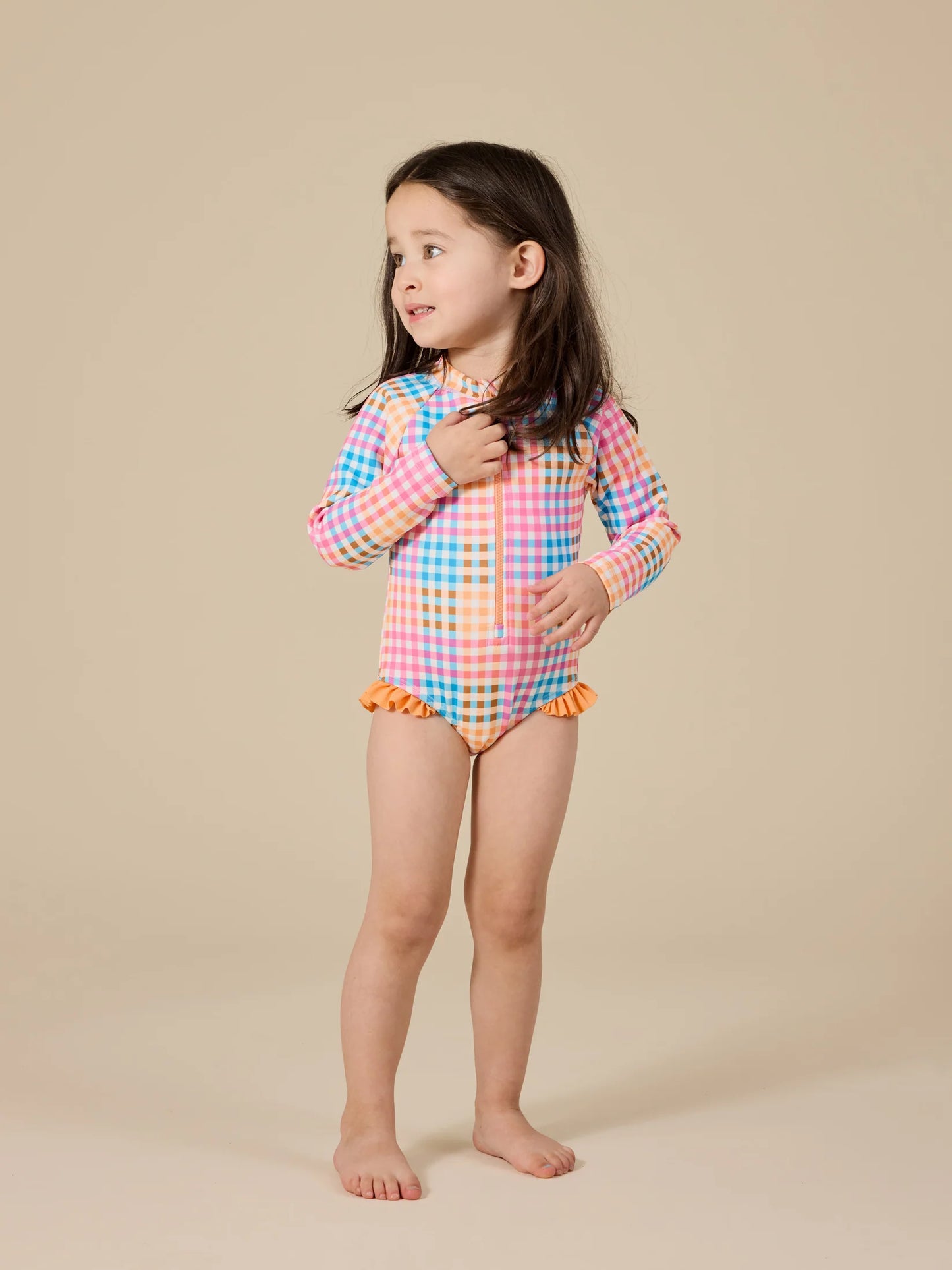 Goldie + Ace Rainbow Gingham Long Sleeve Frill Swimsuit