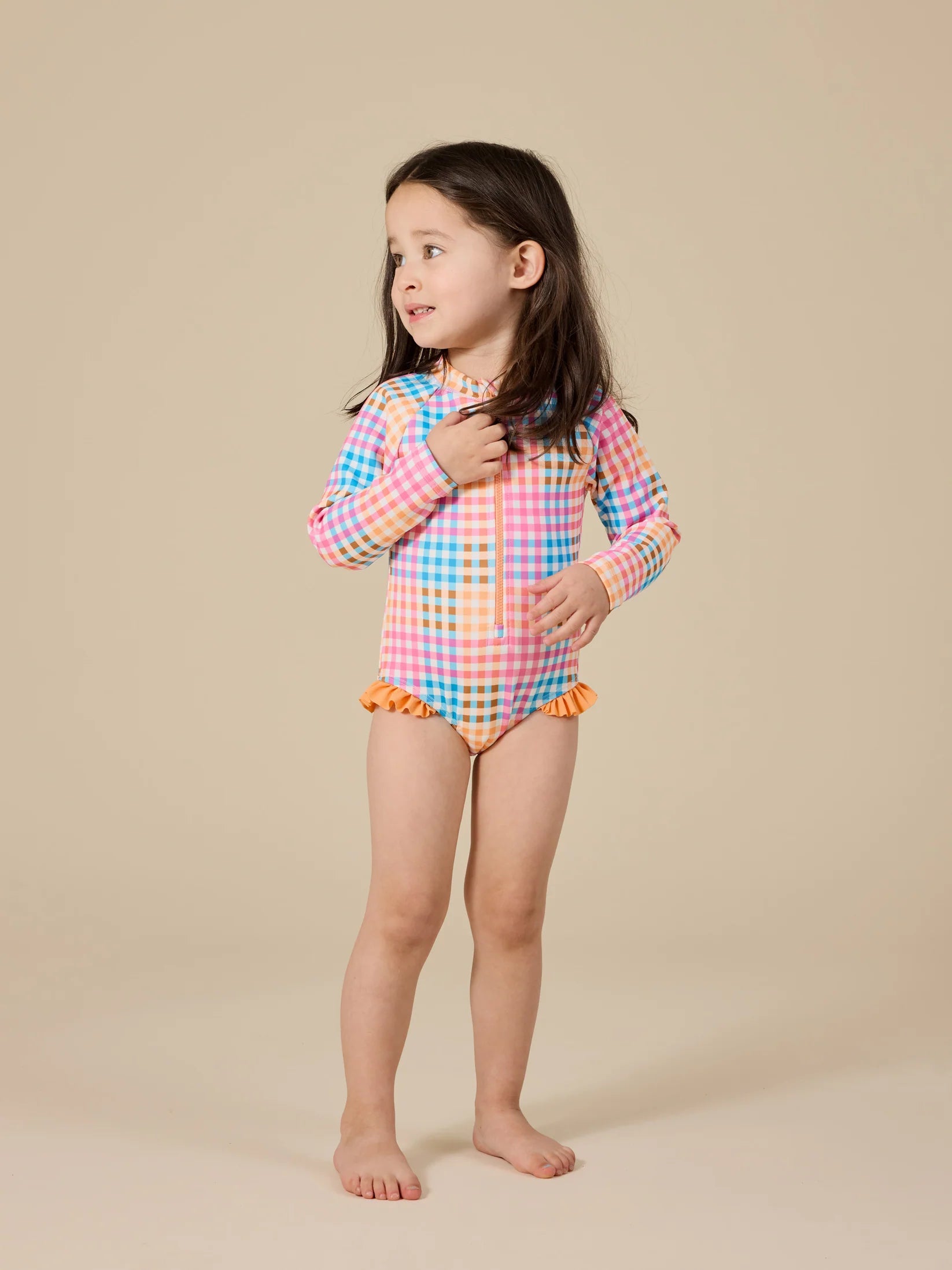 Goldie + Ace Rainbow Gingham Long Sleeve Frill Swimsuit
