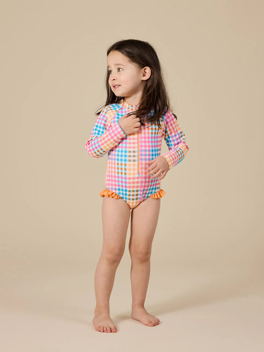 Goldie + Ace Rainbow Gingham Long Sleeve Frill Swimsuit