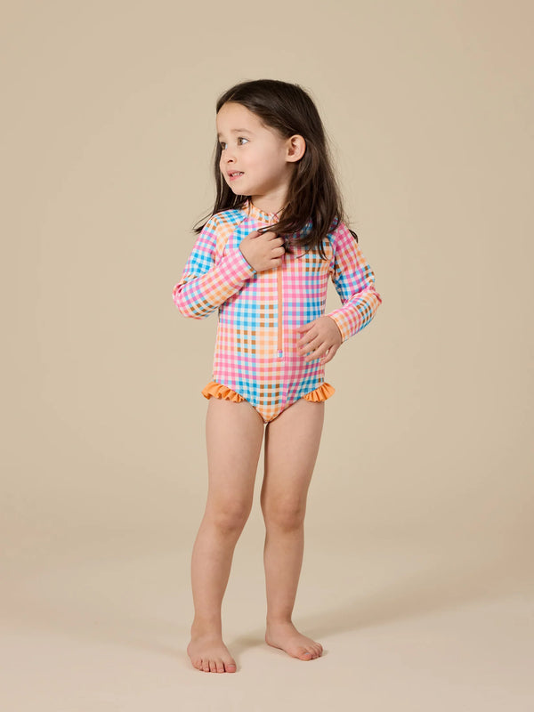 Goldie + Ace Rainbow Gingham Long Sleeve Frill Swimsuit
