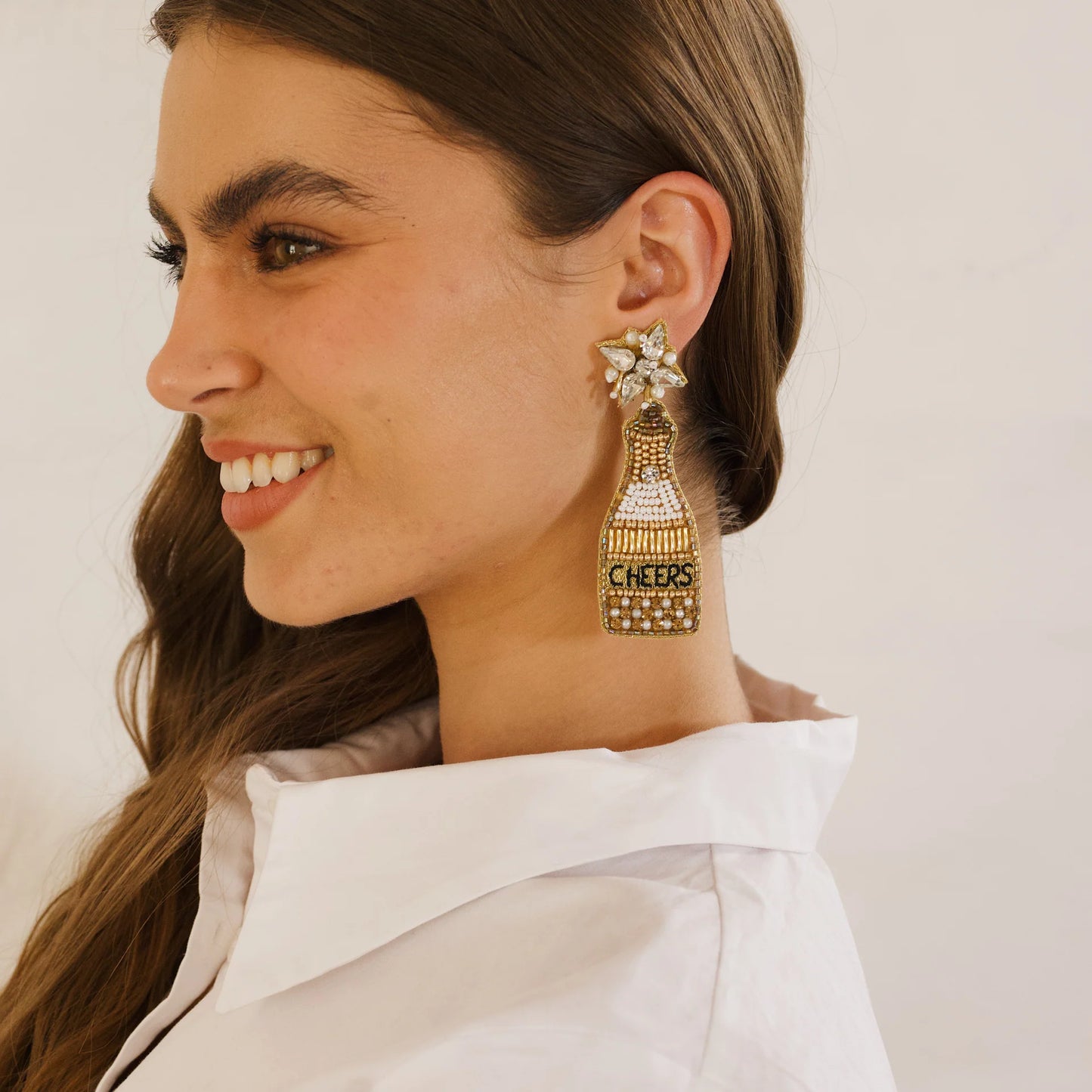 Zoda - Beaded Cheers Champagne Bottle Earring Gold