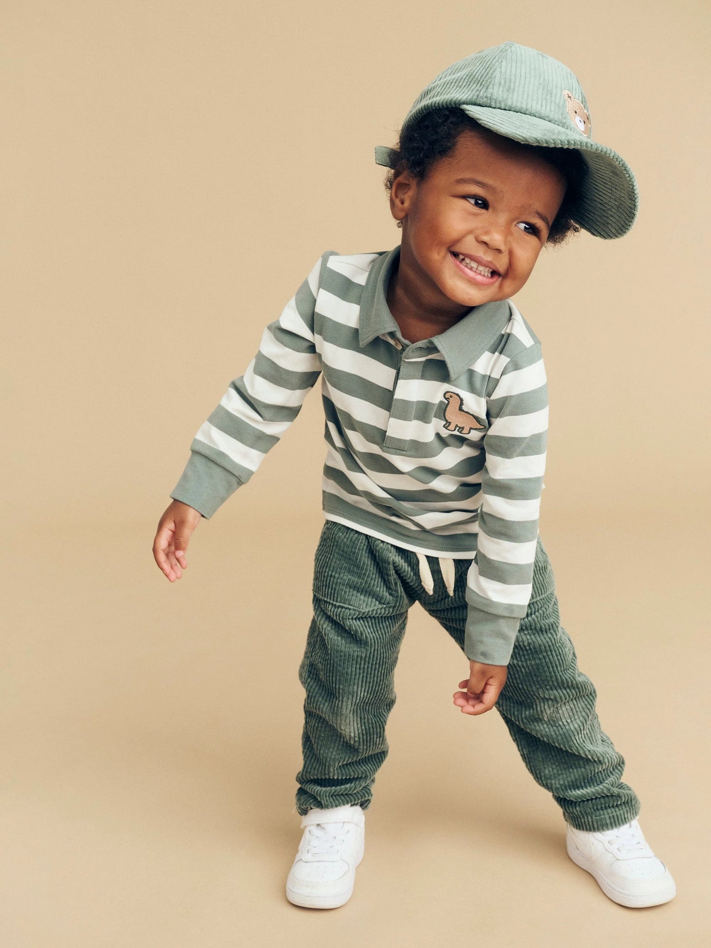 Huxbaby Dino Stripe Polo Spruce & Almond