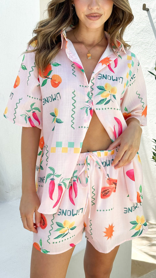 By Frankie - Button Up Shirt and Shorts Set - Peach Limone