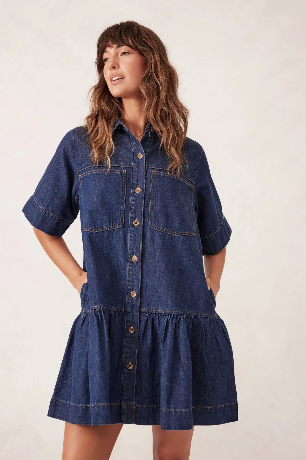 Ceres Life - Short Sleeve Tiered Pocket Shirt Dress