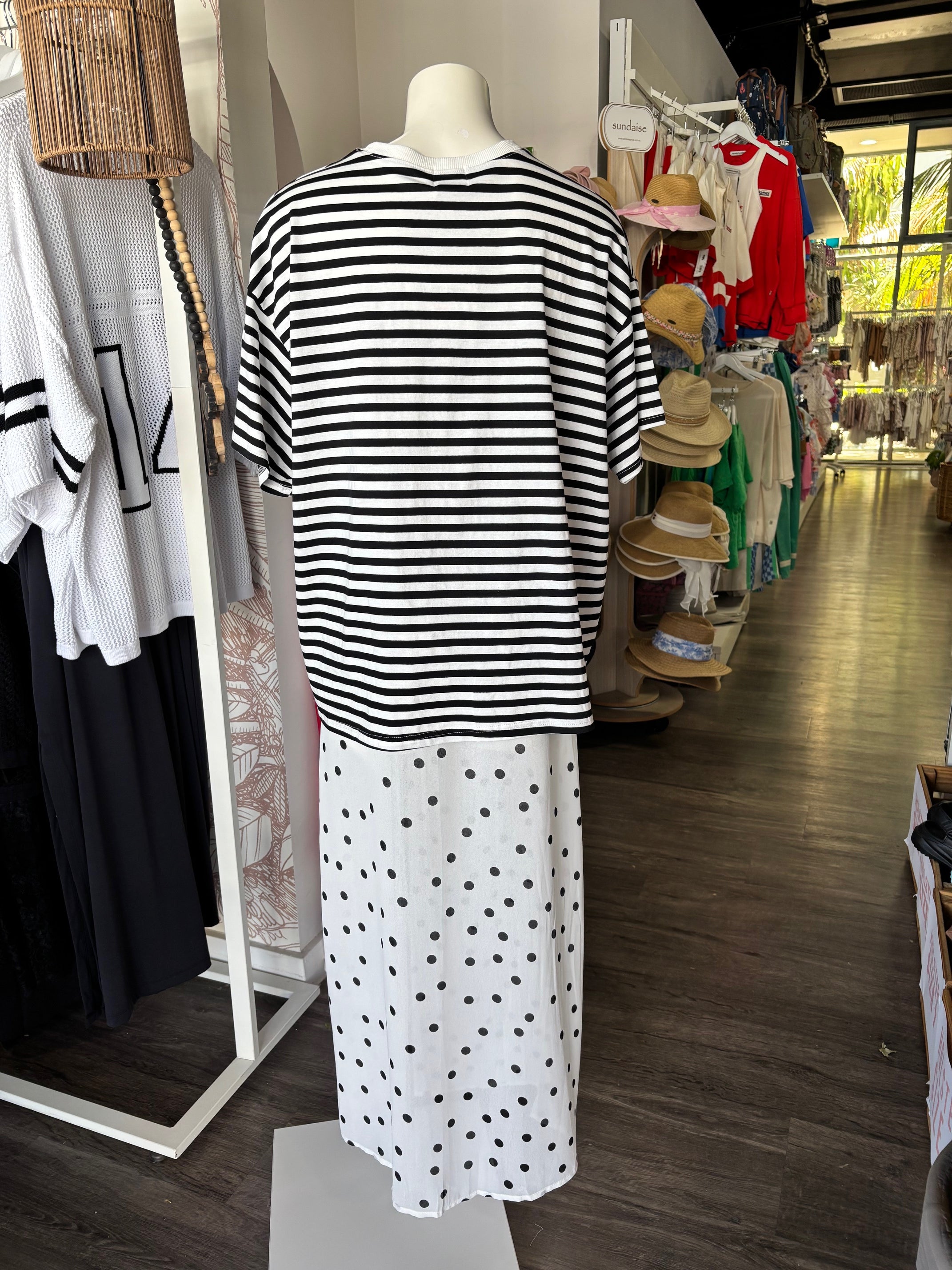 By Frankie Stripe Oversized Top & Dot Sheer Skirt Set