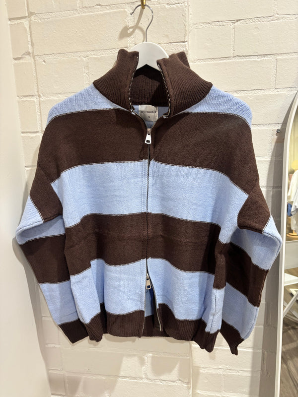By Frankie Stripe Double Zip Jumper Blue/Choc