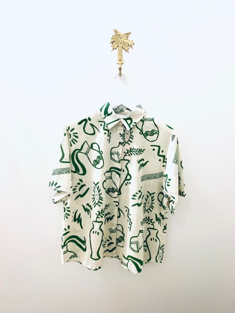 By Frankie - Aztec Vase Button Up Shirt & Short Set - Green/Oat