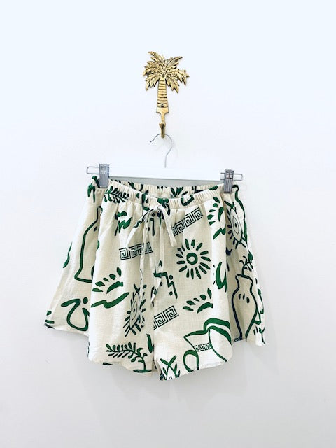By Frankie - Aztec Vase Button Up Shirt & Short Set - Green/Oat