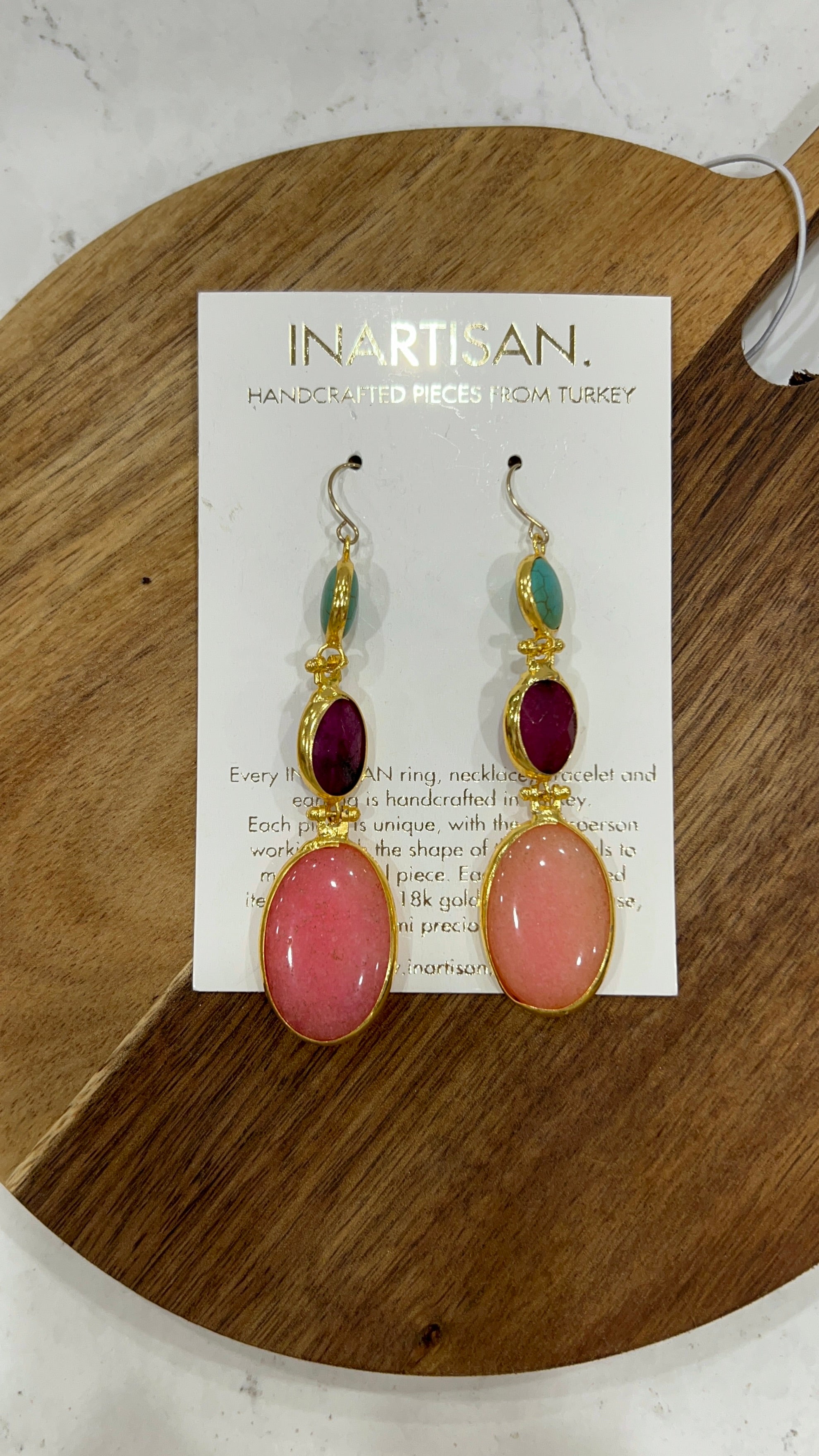 Inartisan Aqua, Purple & Pink Triple Drop Dangling Earrings