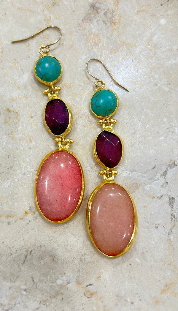 Inartisan Aqua, Purple & Pink Triple Drop Dangling Earrings