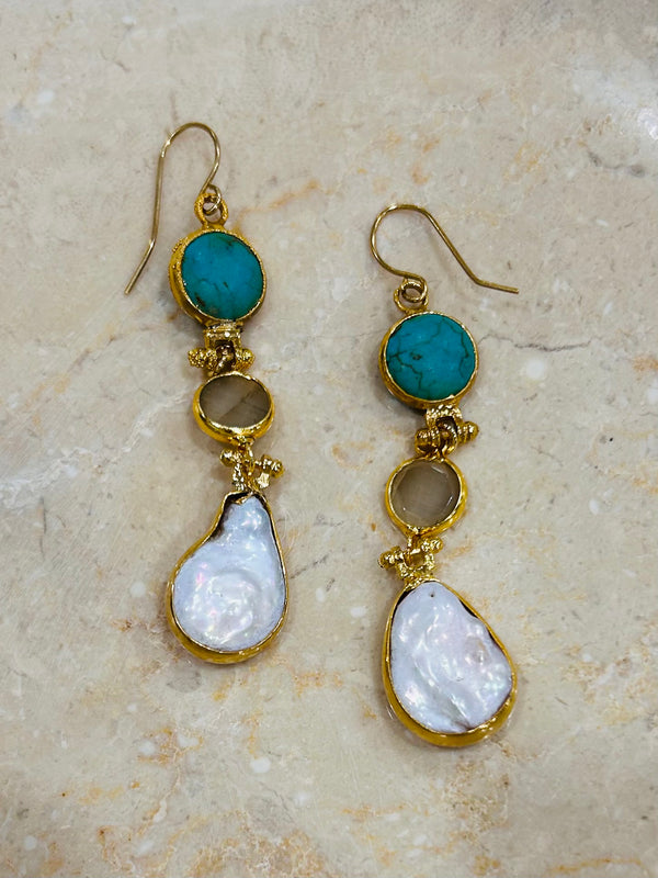 Inartisan Aqua, Grey & Pearl Dangling Earrings