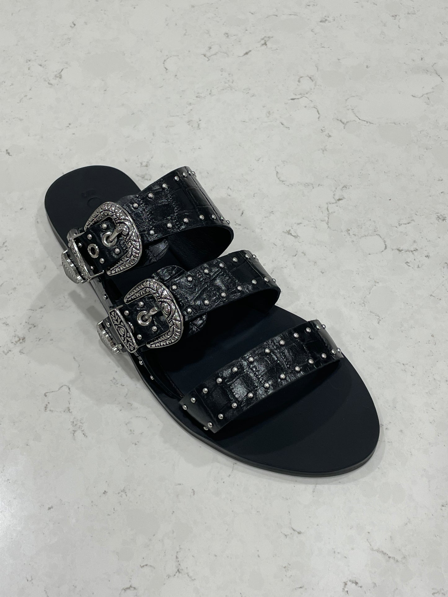 Sol Sana Eastwood Stud Slide Black Croc/Silver