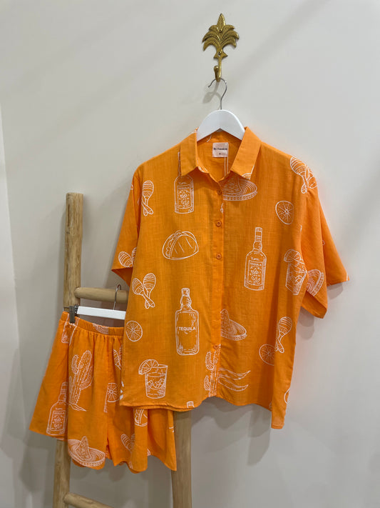 By Frankie - Tequlia & Taco Button Up Shirt & Short Set - Orange