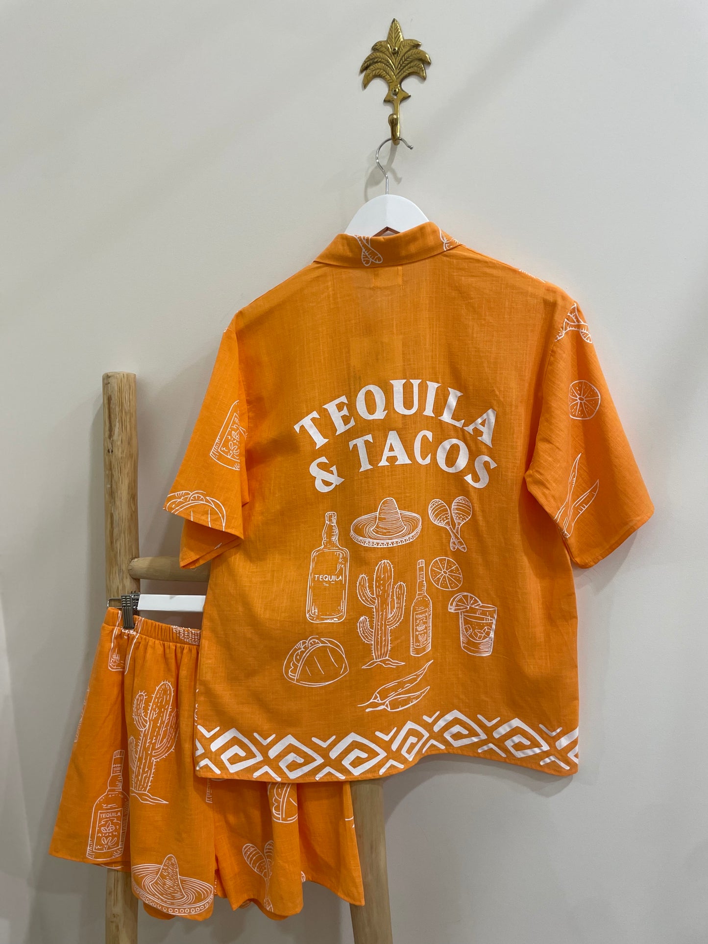 By Frankie - Tequlia & Taco Button Up Shirt & Short Set - Orange
