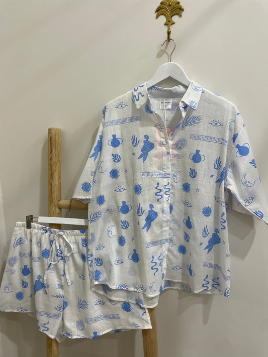 By Frankie - Button Up Shirt & Short Set - Blue/White