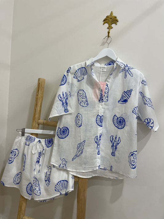 By Frankie - Shell Button Up Shirt & Short Set- Blue/White