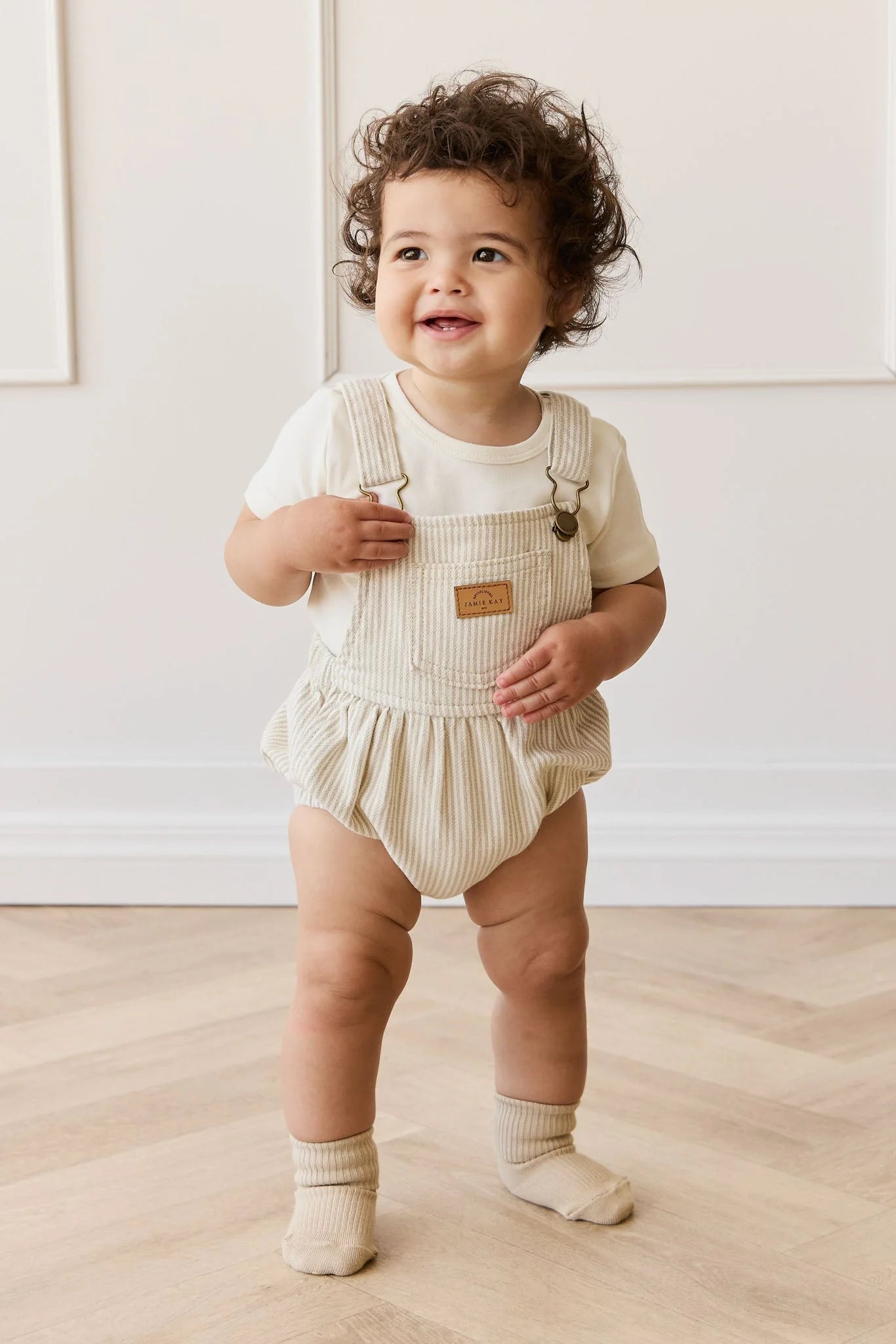 Jamie Kay Pax Playsuit - Fine Vertical Stripe Sandy Brown/Cloud