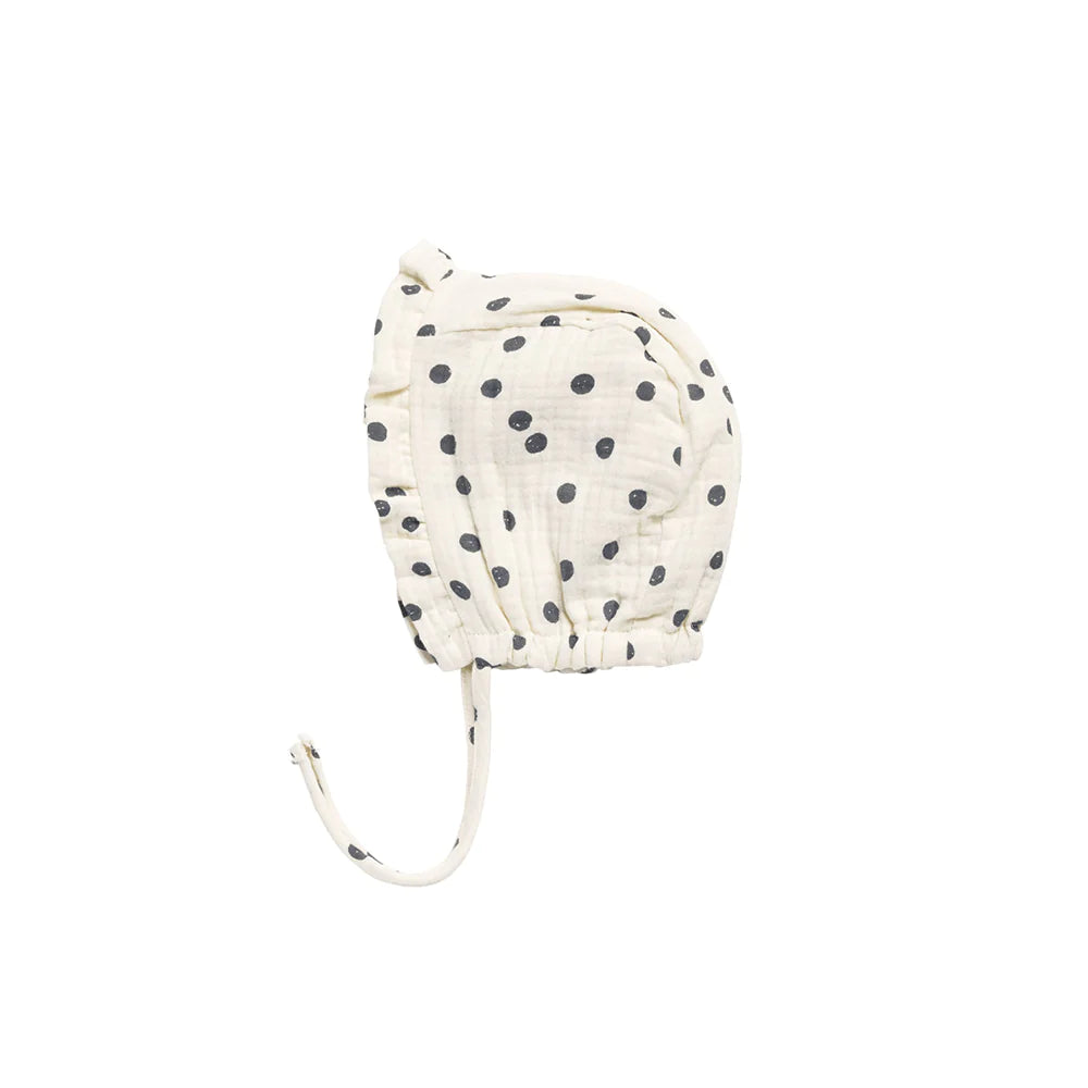 Quincy Mae Woven Ruffle Bonnet || Navy Dot