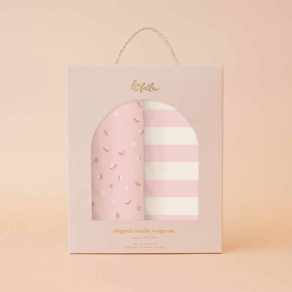 Fox & Fallow Dusty Roses / Petal Stripe Organic Muslin Wrap Set